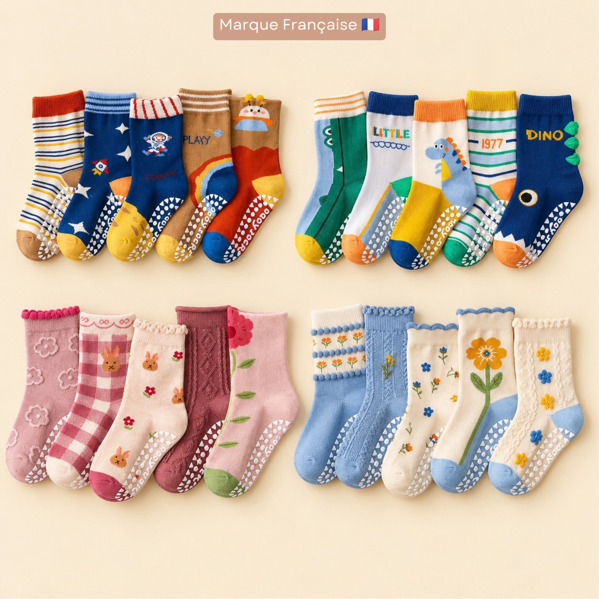 Lot de 5 paires de Chaussettes Antidérapantes Enfant (De 1 an à 12 ans)